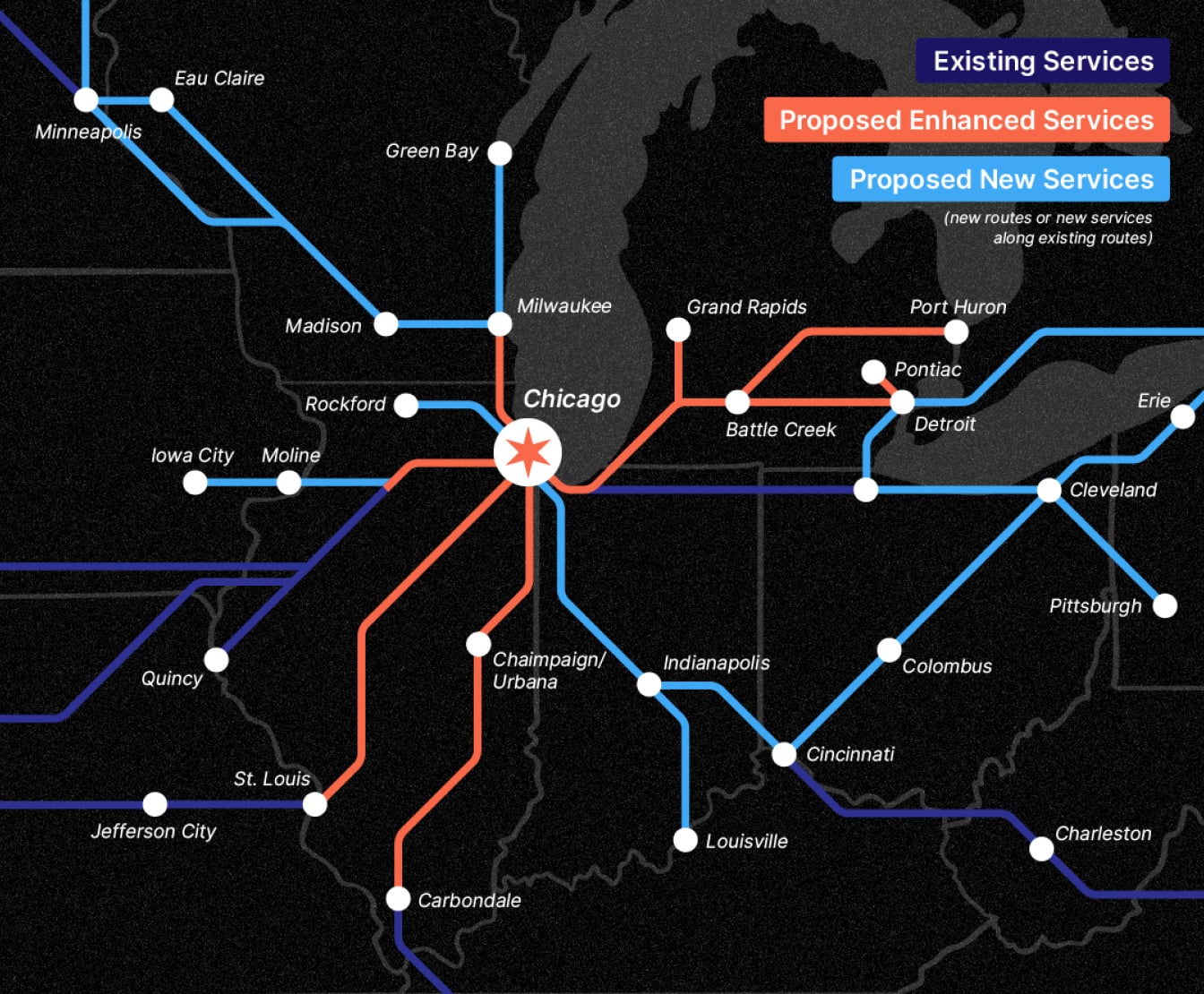 Existing, proposed enhanced, and proposed new train services around the Chicago area.